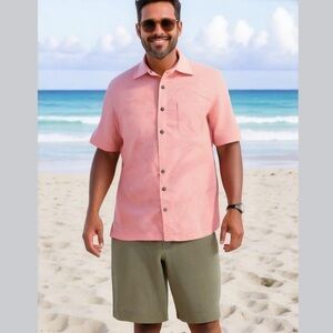 CARIBBEAN 2 PC CASUAL BEACH PEACH HAWAIIAN SHIRT SZ L & CAMEL TAN SHORTS 36W